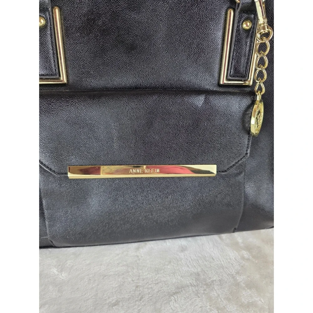Anne Klein‎ Black Faux Leather Tote Bag Gold Tone Charm Accent